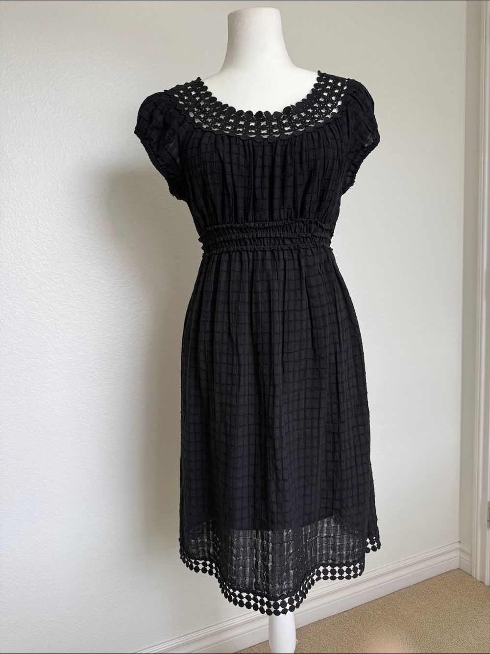 Studio M Black Crochet-Trim Smocked Midi Dress